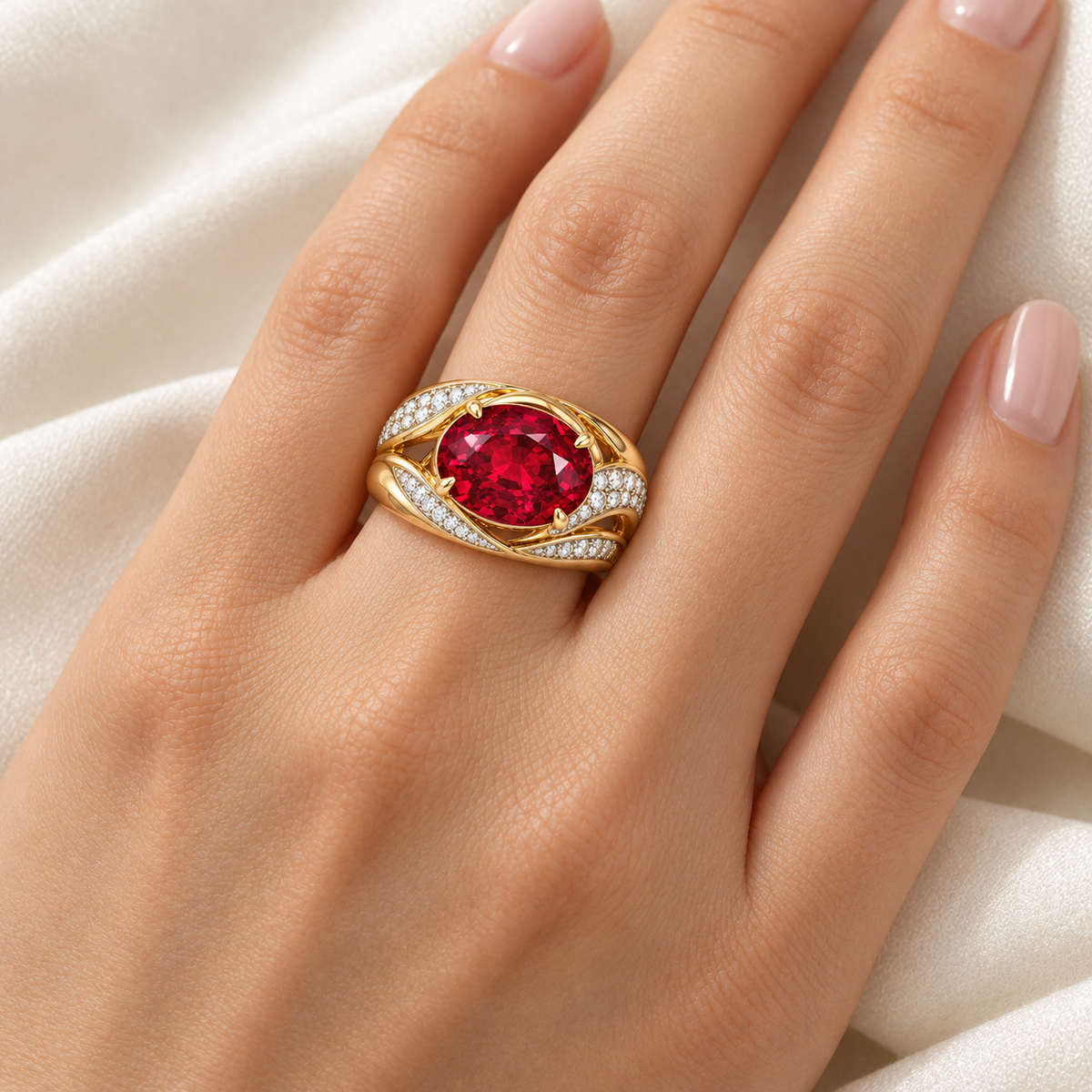 MISSISSI Golden Soirée HR26-R10 lab-grown ruby ring shown worn on the left hand. Design visualization.