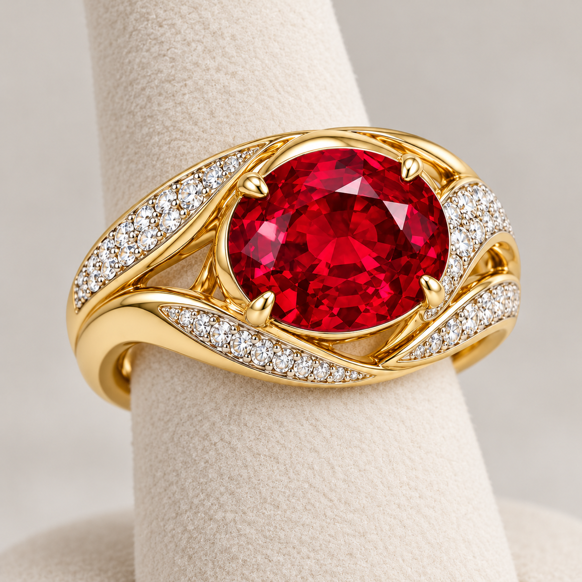 MISSISSI Golden Soirée HR26-R10 lab-grown ruby ring whole ring in a shallow oblique view. Design visualization.