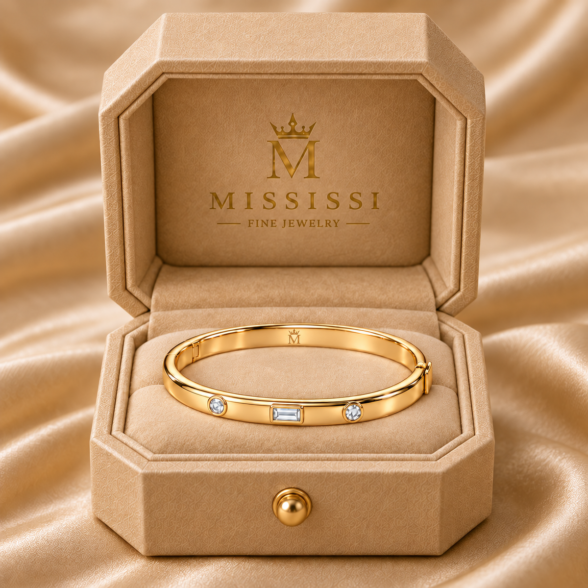 MISSISSI LIGHT INTERVAL lab-grown diamond bangle in yellow metal, in official champagne octagonal jewelry box; design visualization