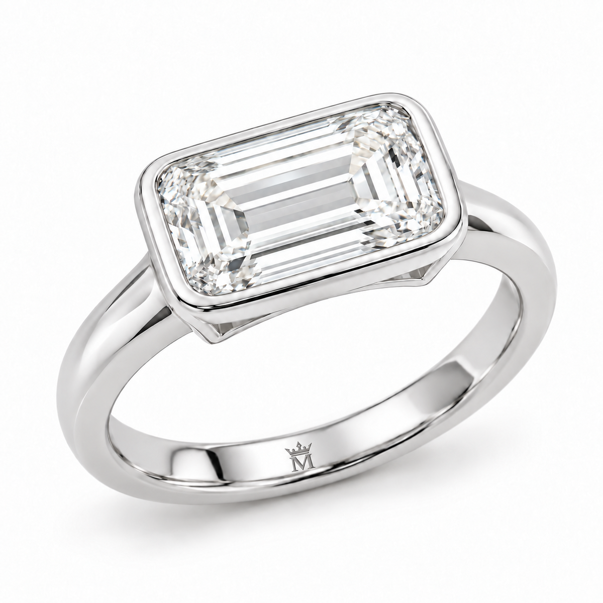 MISSISSI horizon east west ring angled view. AI-edited crown-M engraving concept inside the lower band; engraving and scale are illustrative.