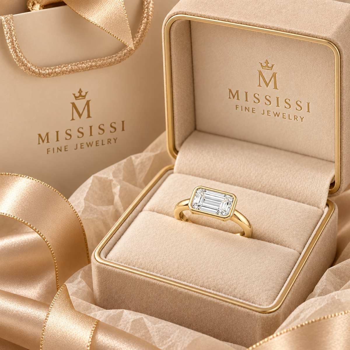 Horizon jewelry presented in champagne beige MISSISSI Fine Jewelry gift packaging.