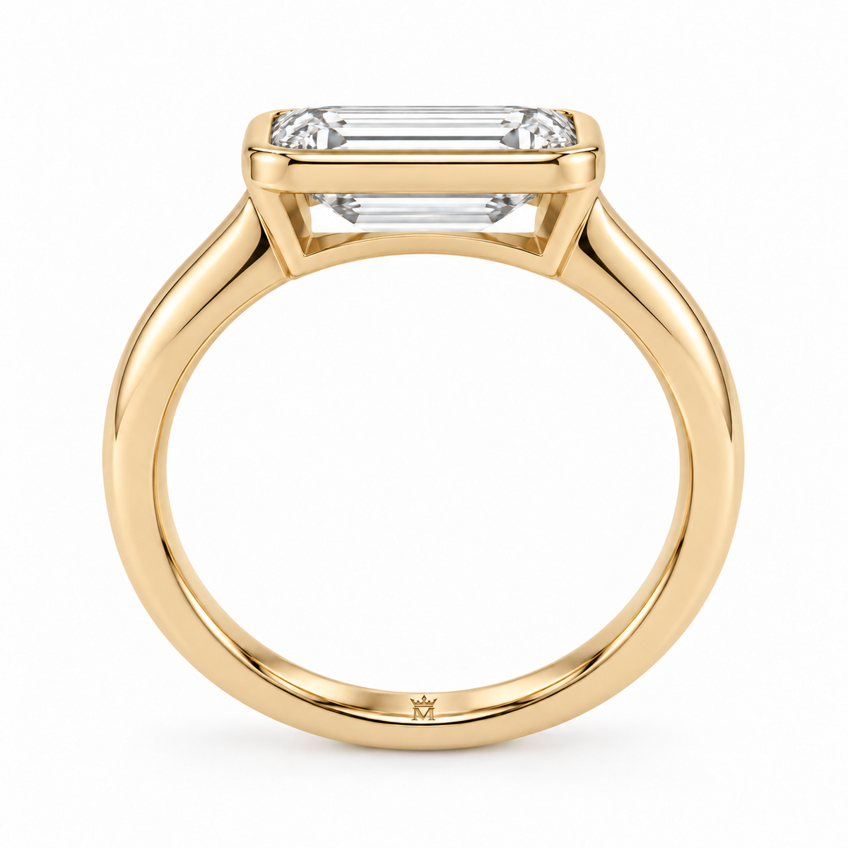 MISSISSI horizon east west ring profile view. AI-edited crown-M engraving concept inside the lower band; engraving and scale are illustrative.