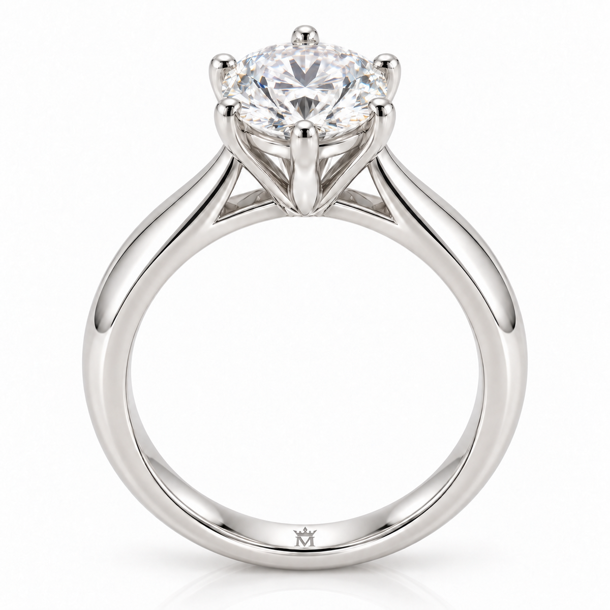 AI-generated design concept of a round brilliant ring, front. Illustrative geometry and scale; not a manufactured product photograph. Crown-M engraving design is shown inside the lower band; engraving is illustrative.