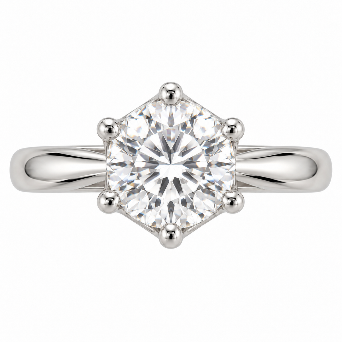 AI-generated design concept of a round brilliant ring, top. Illustrative geometry and scale; not a manufactured product photograph.