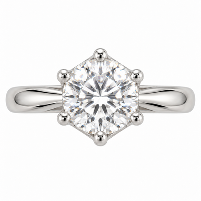 AI-generated design concept of a round brilliant ring, top. Illustrative geometry and scale; not a manufactured product photograph.