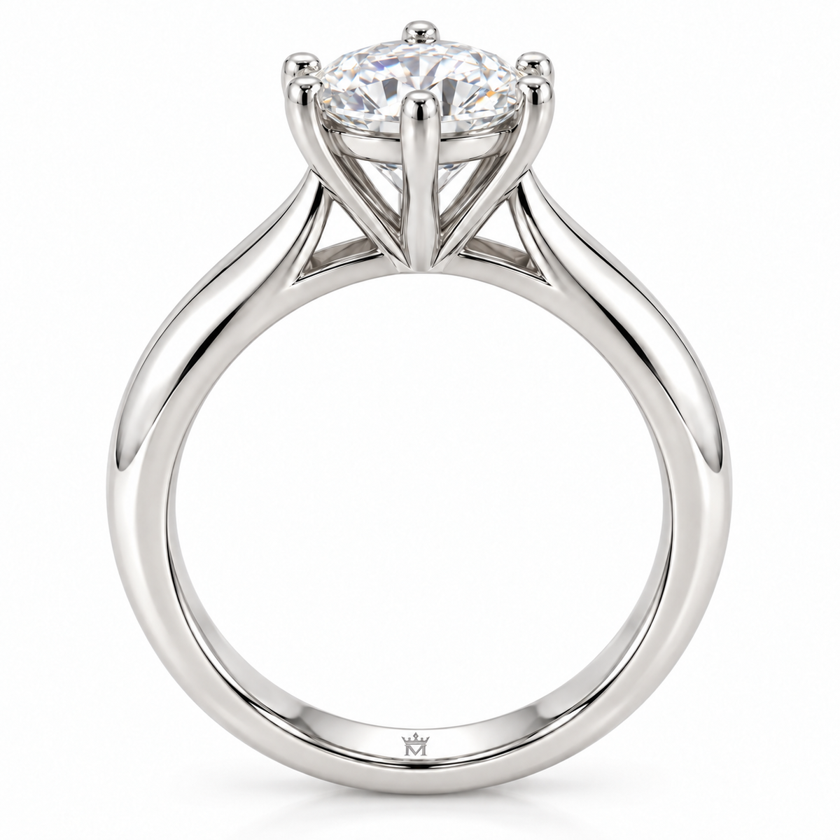 AI-generated design concept of a round brilliant ring, side. Illustrative geometry and scale; not a manufactured product photograph. Crown-M engraving design is shown inside the lower band; engraving is illustrative.