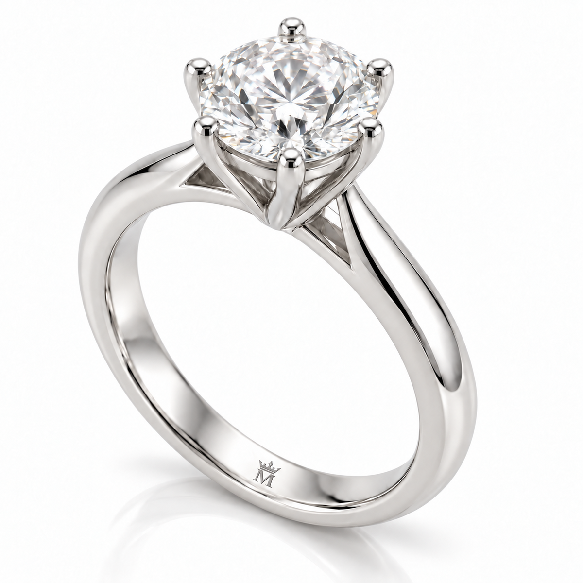 AI-generated engraving design concept of the MISSISSI round six-prong ring, opposite three-quarter view, showing the crown-M logo inside the lower band. Geometry, engraving and scale are illustrative; not a manufactured product photograph.