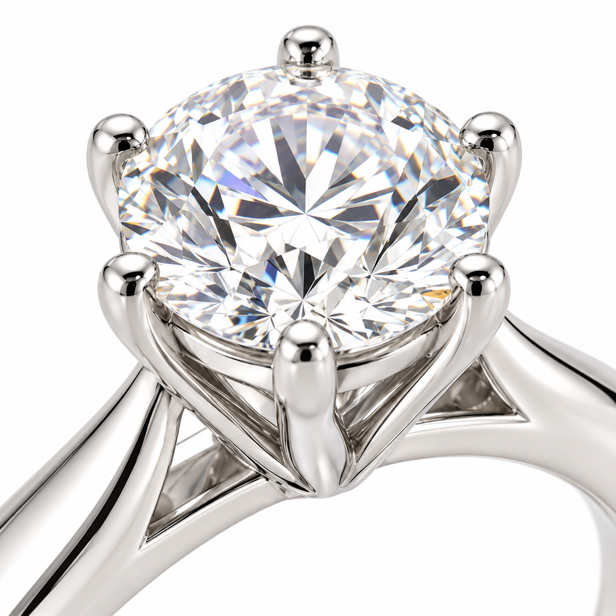 AI-generated design concept of a round brilliant ring, macro. Illustrative geometry and scale; not a manufactured product photograph.