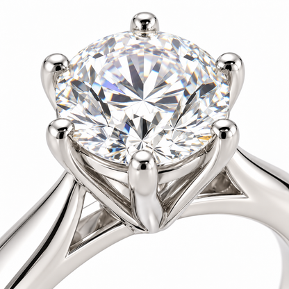 AI-generated design concept of a round brilliant ring, macro. Illustrative geometry and scale; not a manufactured product photograph.