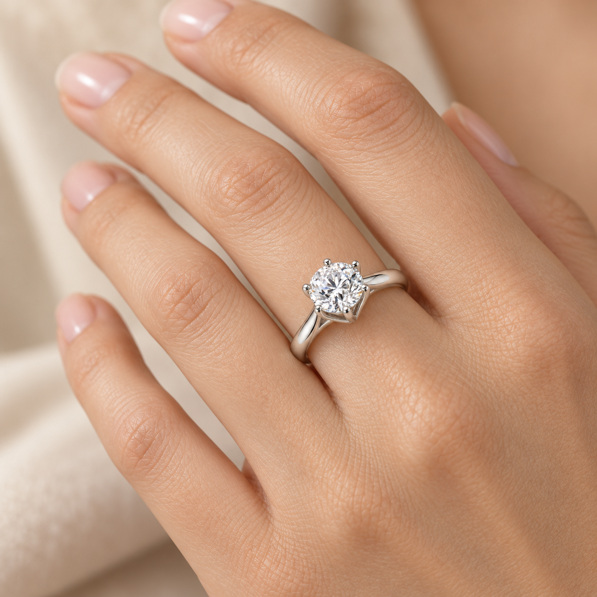 AI-generated design concept of a round brilliant ring, on hand. Illustrative geometry and scale; not a manufactured product photograph.