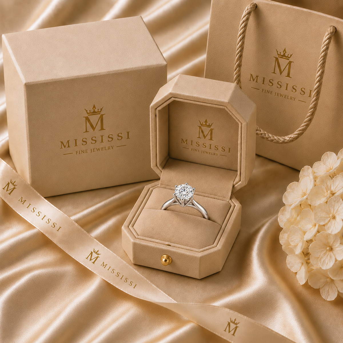AI-generated packaging illustration of a round brilliant six-prong tulip solitaire ring in a champagne MISSISSI ring box with gift box and shopping bag.