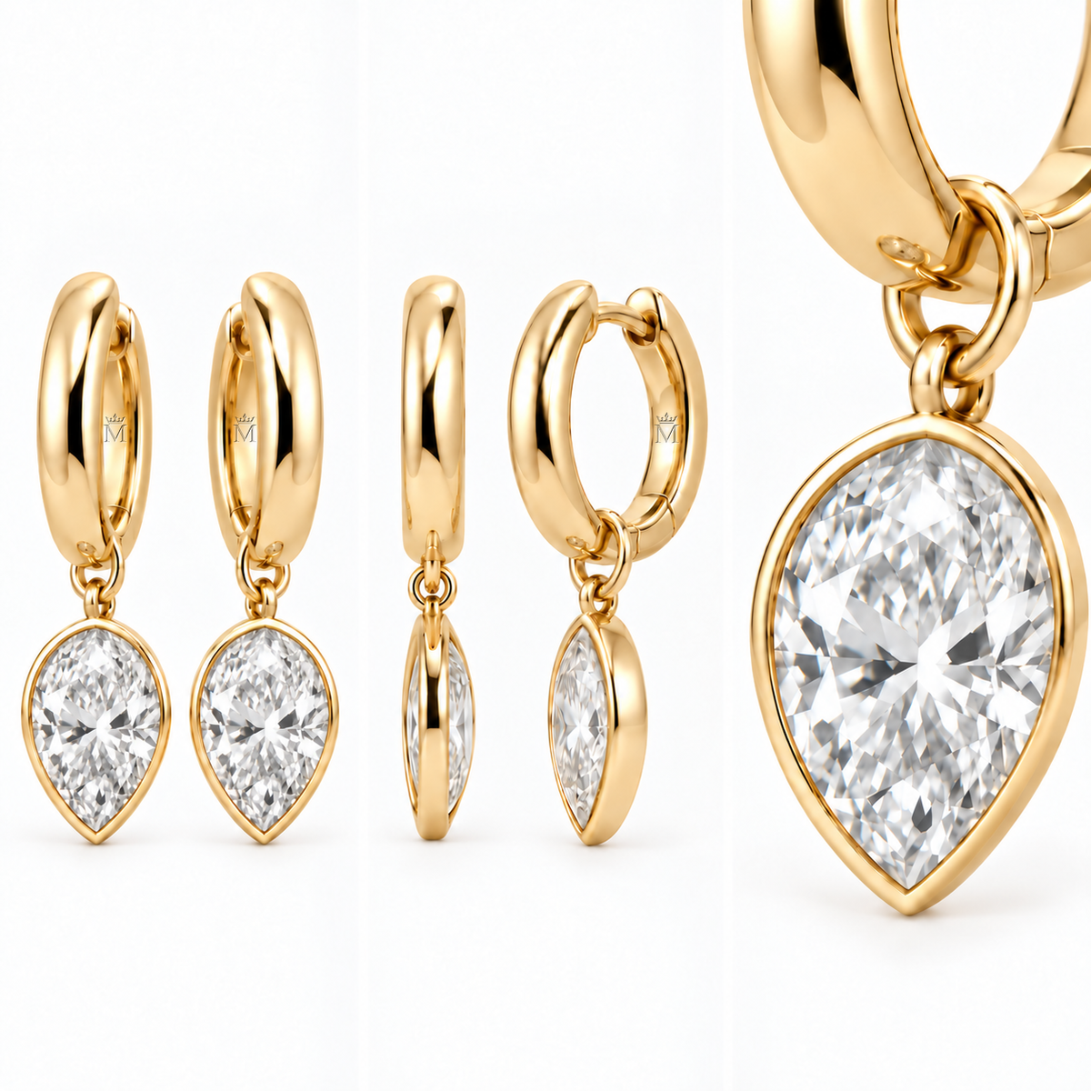 Three view detail sheet of Aurelle jewelry showing front, side and close detail. AI-edited crown-M engraving concept on visible inner rear hoop surfaces; engraving and scale are illustrative.
