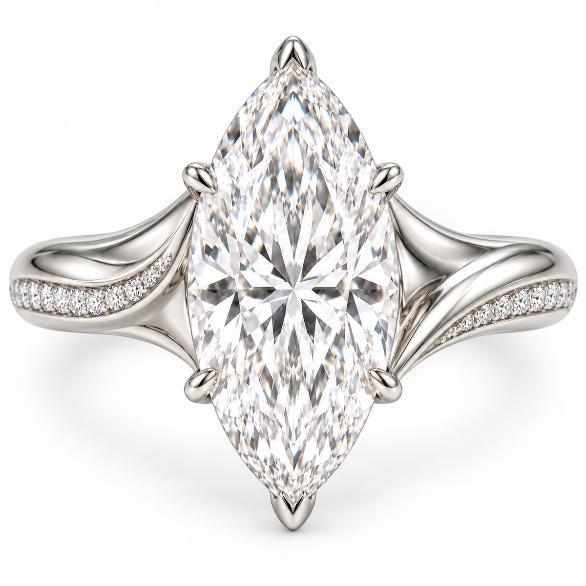AI design preview of Liquid Crest marquise ring from the front with six center-stone supports and pavé shoulder edges