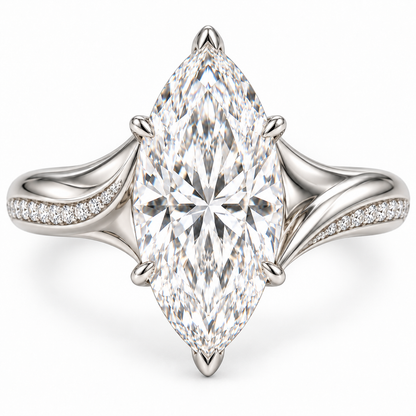 AI design preview of Liquid Crest marquise ring from the front with six center-stone supports and pavé shoulder edges