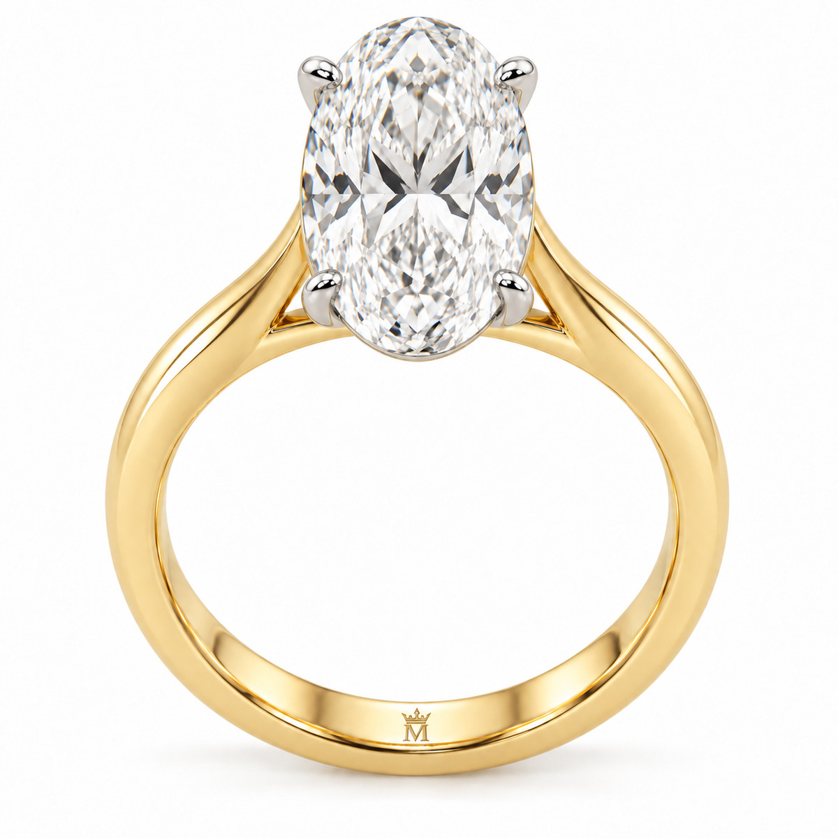 AI-generated design concept of an oval brilliant ring, front. Illustrative geometry and scale; not a manufactured product photograph. Crown-M engraving design is shown inside the lower band; engraving is illustrative.