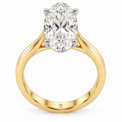 AI-generated design concept of an oval brilliant ring, front. Illustrative geometry and scale; not a manufactured product photograph. Crown-M engraving design is shown inside the lower band; engraving is illustrative.
