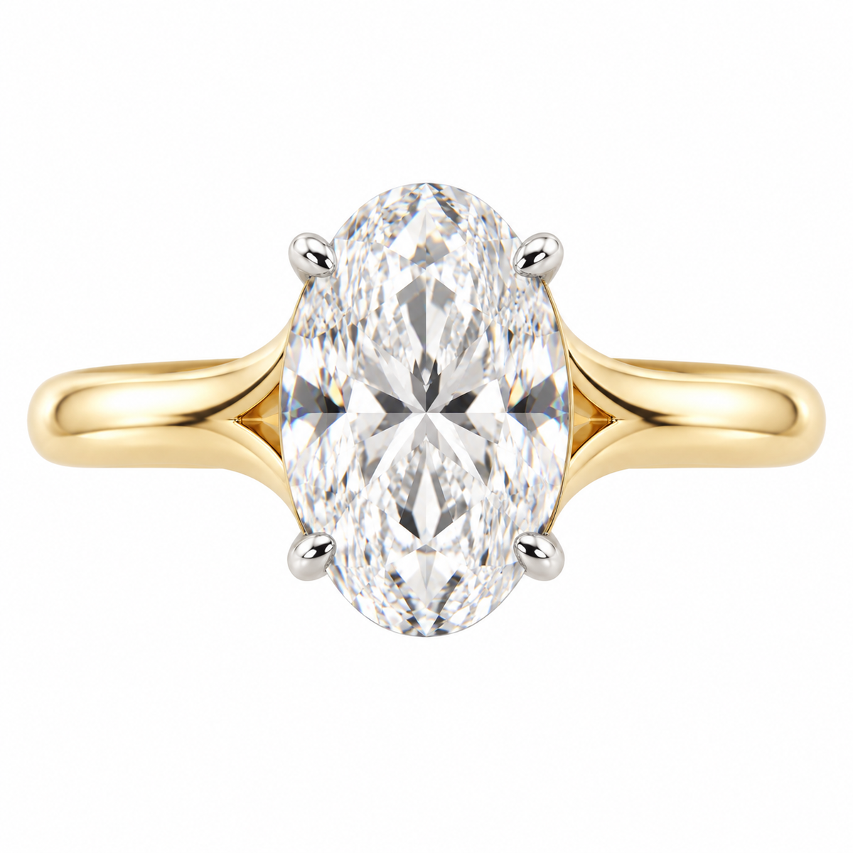 AI-generated design concept of an oval brilliant ring, top. Illustrative geometry and scale; not a manufactured product photograph.