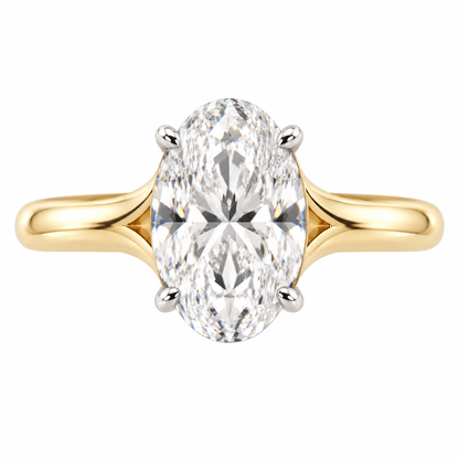 AI-generated design concept of an oval brilliant ring, top. Illustrative geometry and scale; not a manufactured product photograph.