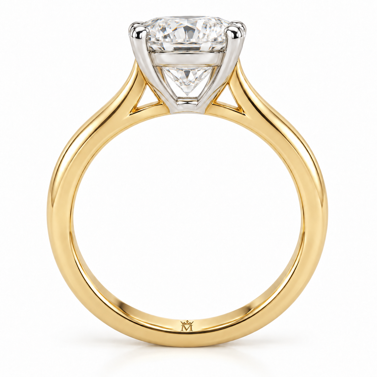 AI-generated design concept of an oval brilliant ring, side. Illustrative geometry and scale; not a manufactured product photograph. Crown-M engraving design is shown inside the lower band; engraving is illustrative.