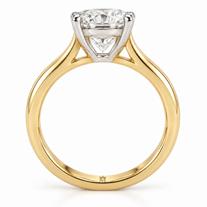 AI-generated design concept of an oval brilliant ring, side. Illustrative geometry and scale; not a manufactured product photograph. Crown-M engraving design is shown inside the lower band; engraving is illustrative.