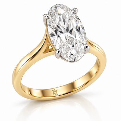 AI-generated design concept of an oval brilliant ring, opposite three quarter. Illustrative geometry and scale; not a manufactured product photograph. Crown-M engraving design is shown inside the lower band; engraving is illustrative.