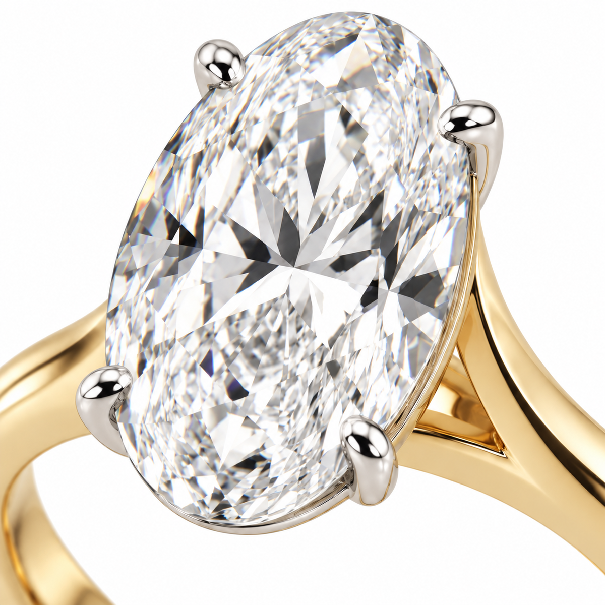 AI-generated design concept of an oval brilliant ring, macro. Illustrative geometry and scale; not a manufactured product photograph.