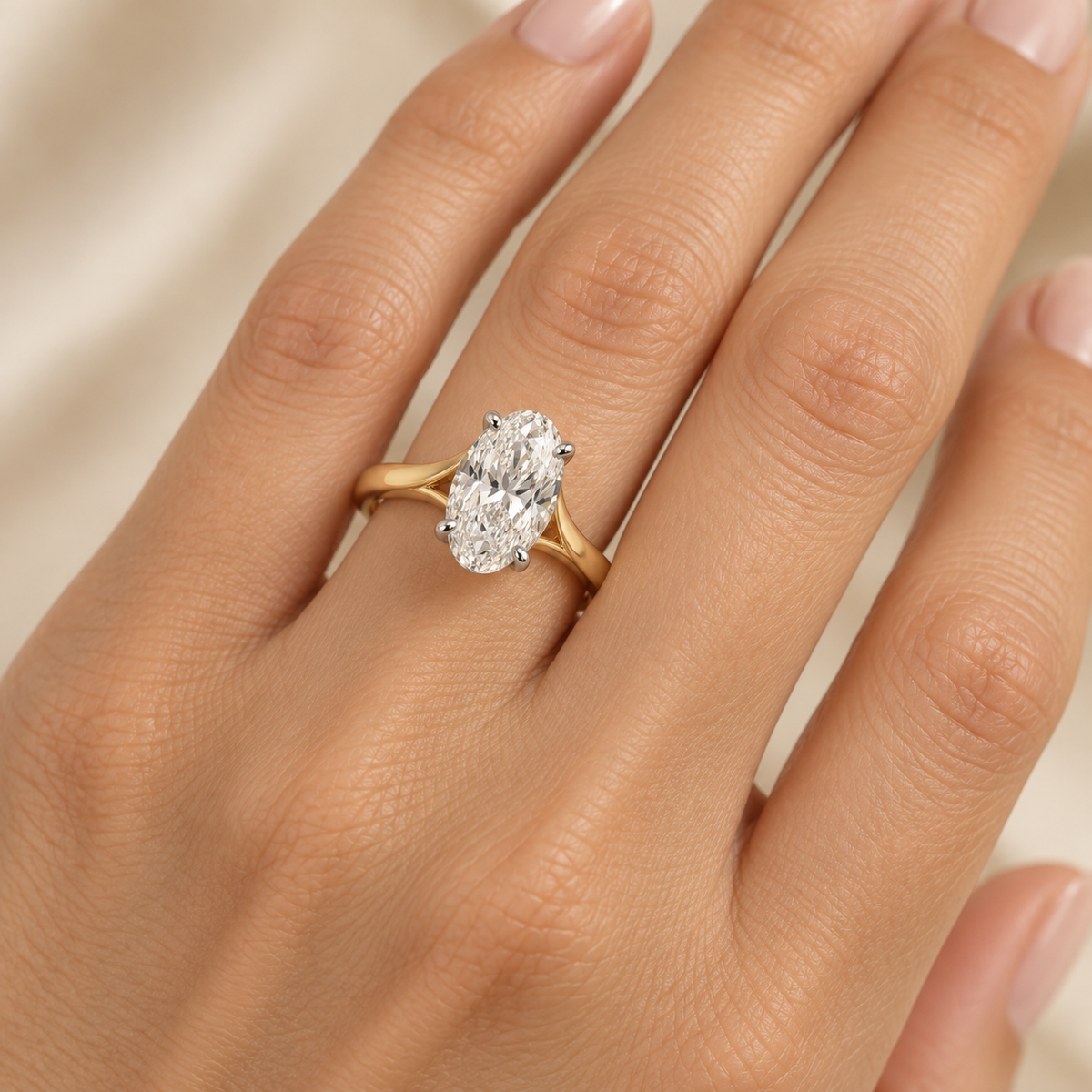 AI-generated design concept of an oval brilliant ring, on hand. Illustrative geometry and scale; not a manufactured product photograph.
