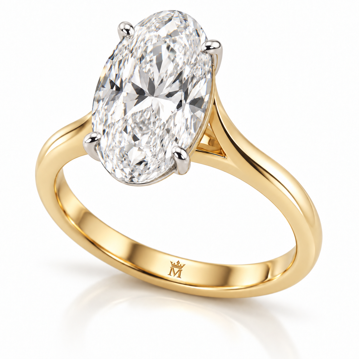 AI-generated design concept: Oval brilliant ring, Four-prong cathedral solitaire, three-quarter view. Metal appearance is illustrative. Crown-M engraving design is shown inside the lower band; engraving is illustrative.