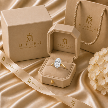 AI-generated packaging illustration of an oval brilliant four-prong cathedral solitaire ring in a champagne MISSISSI ring box with gift box and shopping bag.