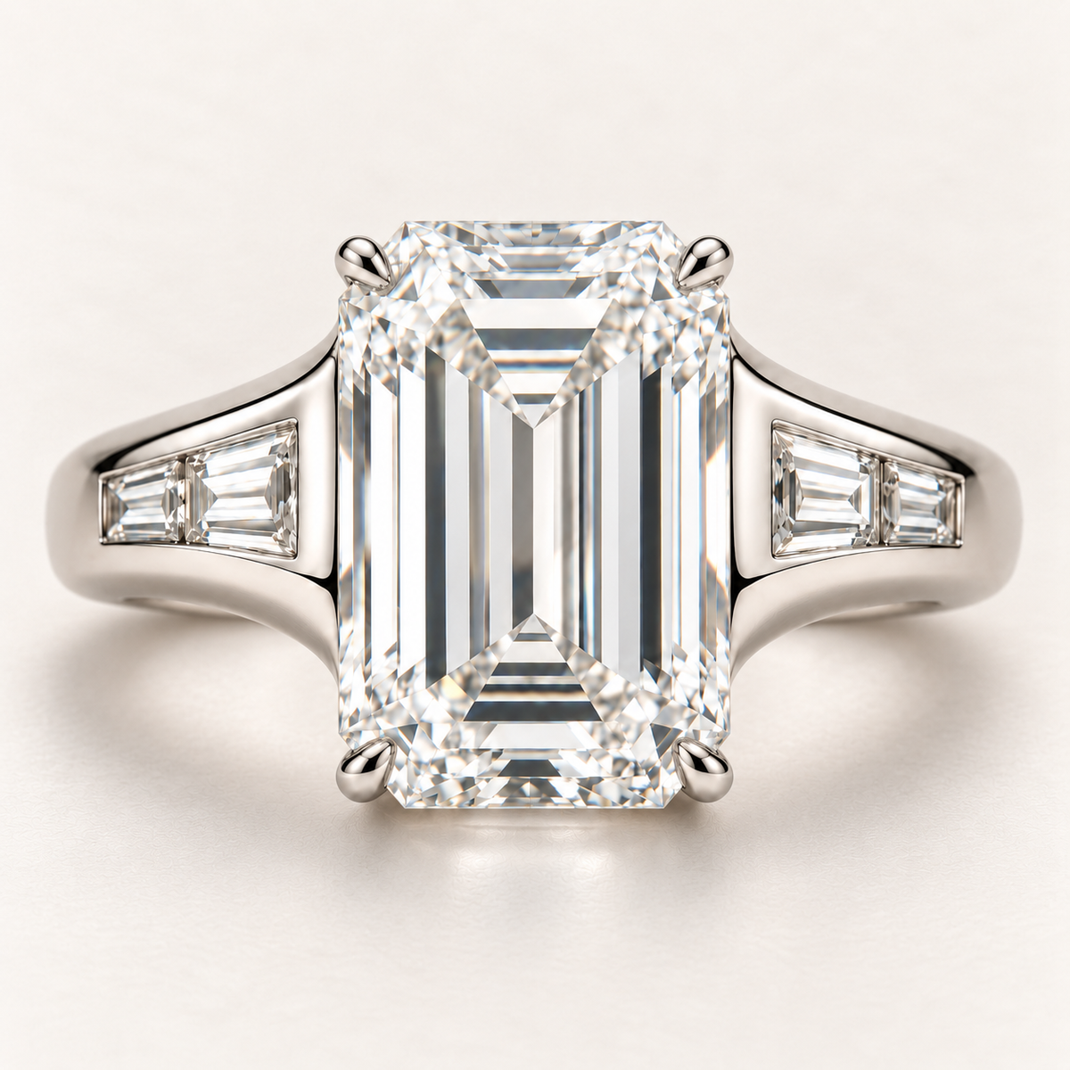 AI design preview of Soft Terrace emerald-cut ring viewed from above with four graduated step-cut side stones