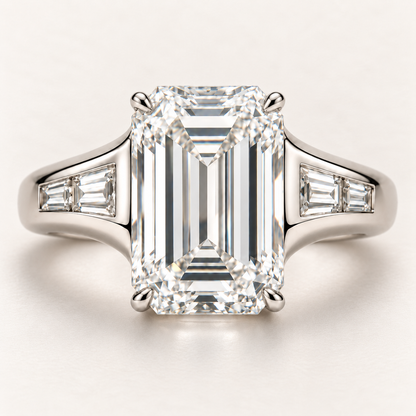 AI design preview of Soft Terrace emerald-cut ring viewed from above with four graduated step-cut side stones