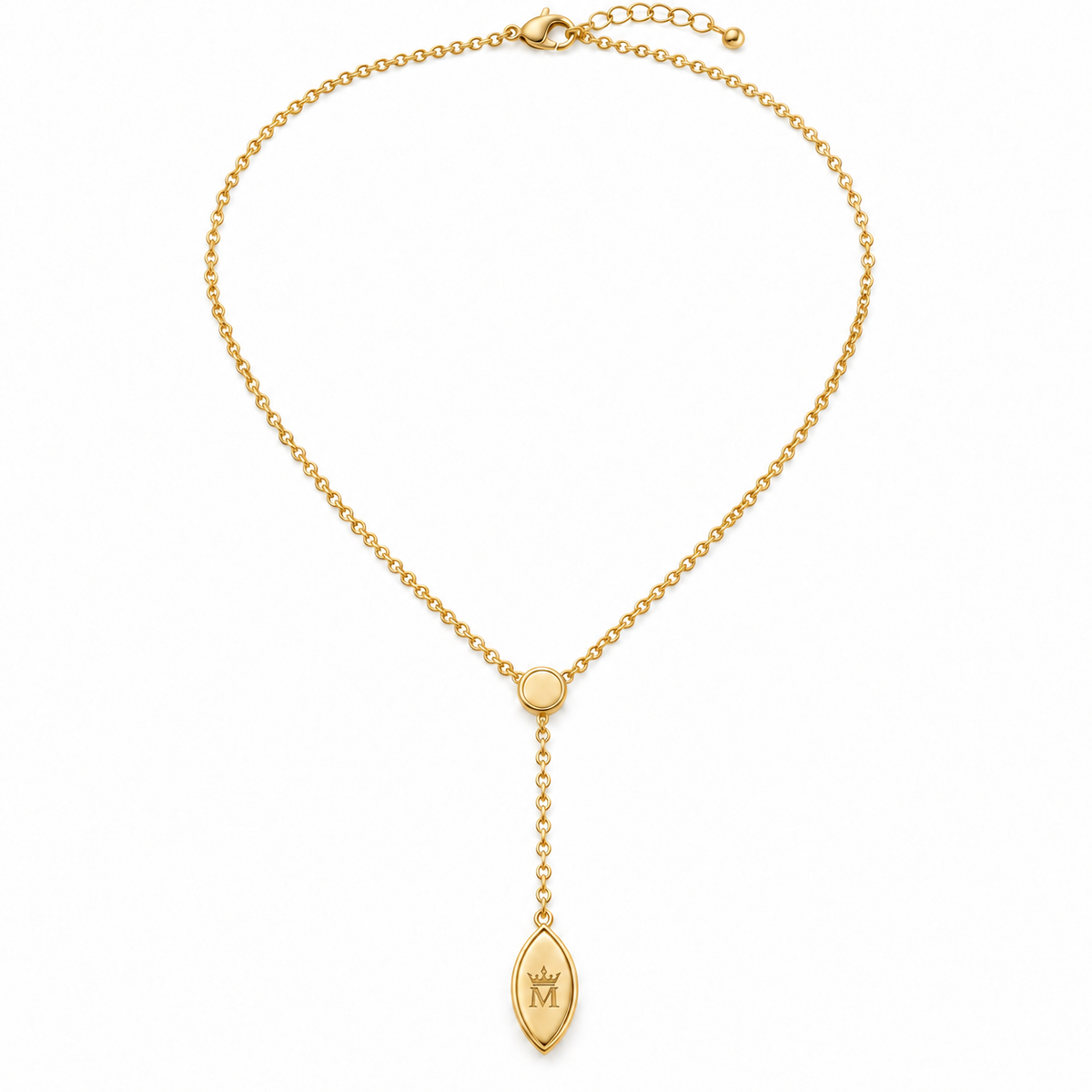 AI-edited design illustration of the MISSISSI Ligne marquise lariat back view, showing a crown-M engraving concept centered on the marquise pendant back. Engraving and scale are illustrative; not a manufactured product photograph.