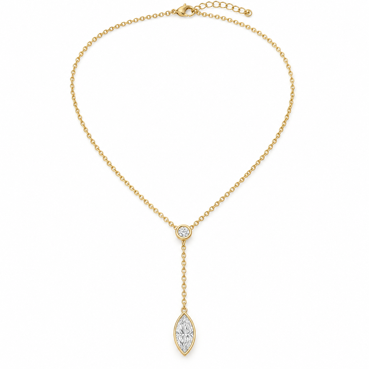 A fine cable-chain Y necklace with a 0.15 carat round diamond at the junction and a vertically suspended 0.50 carat marquise diamond. Full bezel settings give the two stones a clean outline.