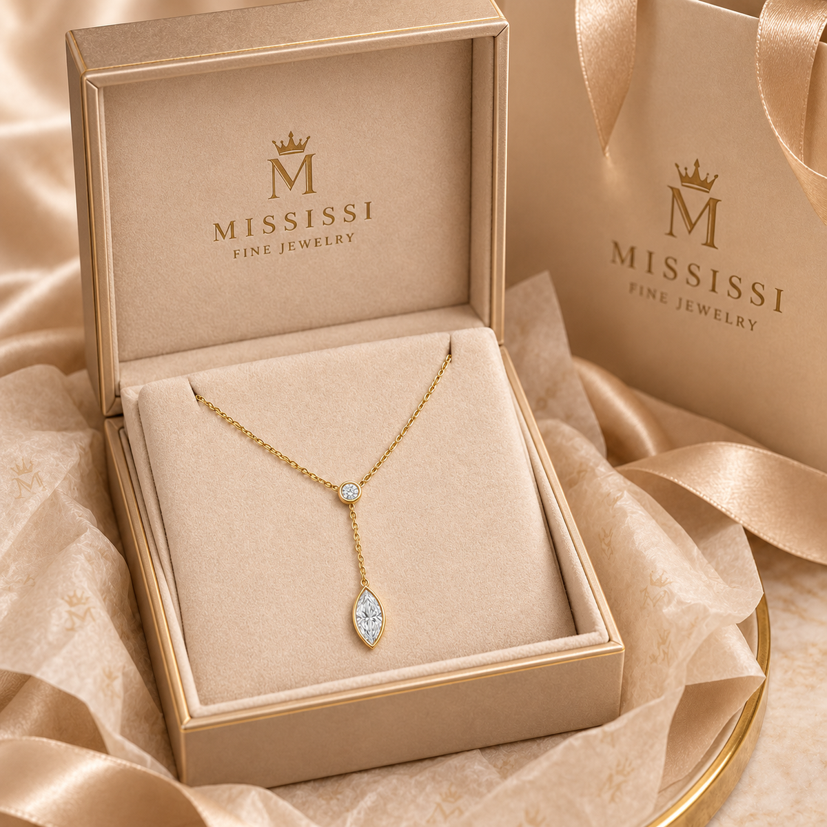 Ligne jewelry presented in champagne beige MISSISSI Fine Jewelry gift packaging.