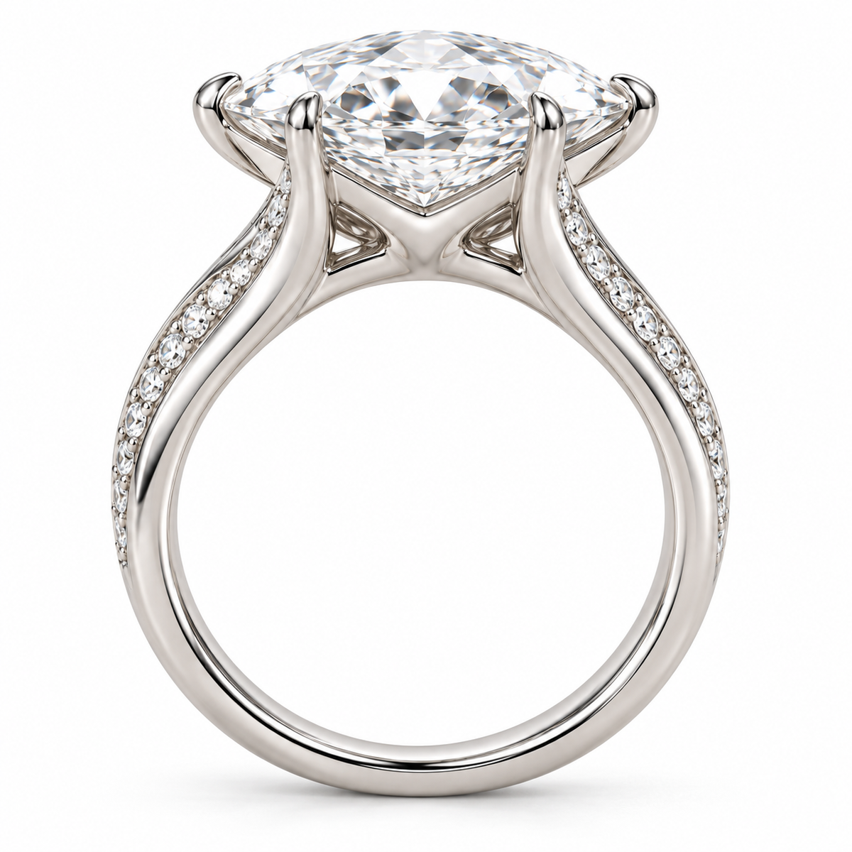 AI design preview of Liquid Crest marquise ring in side profile with flowing shoulders and a tapered lower shank