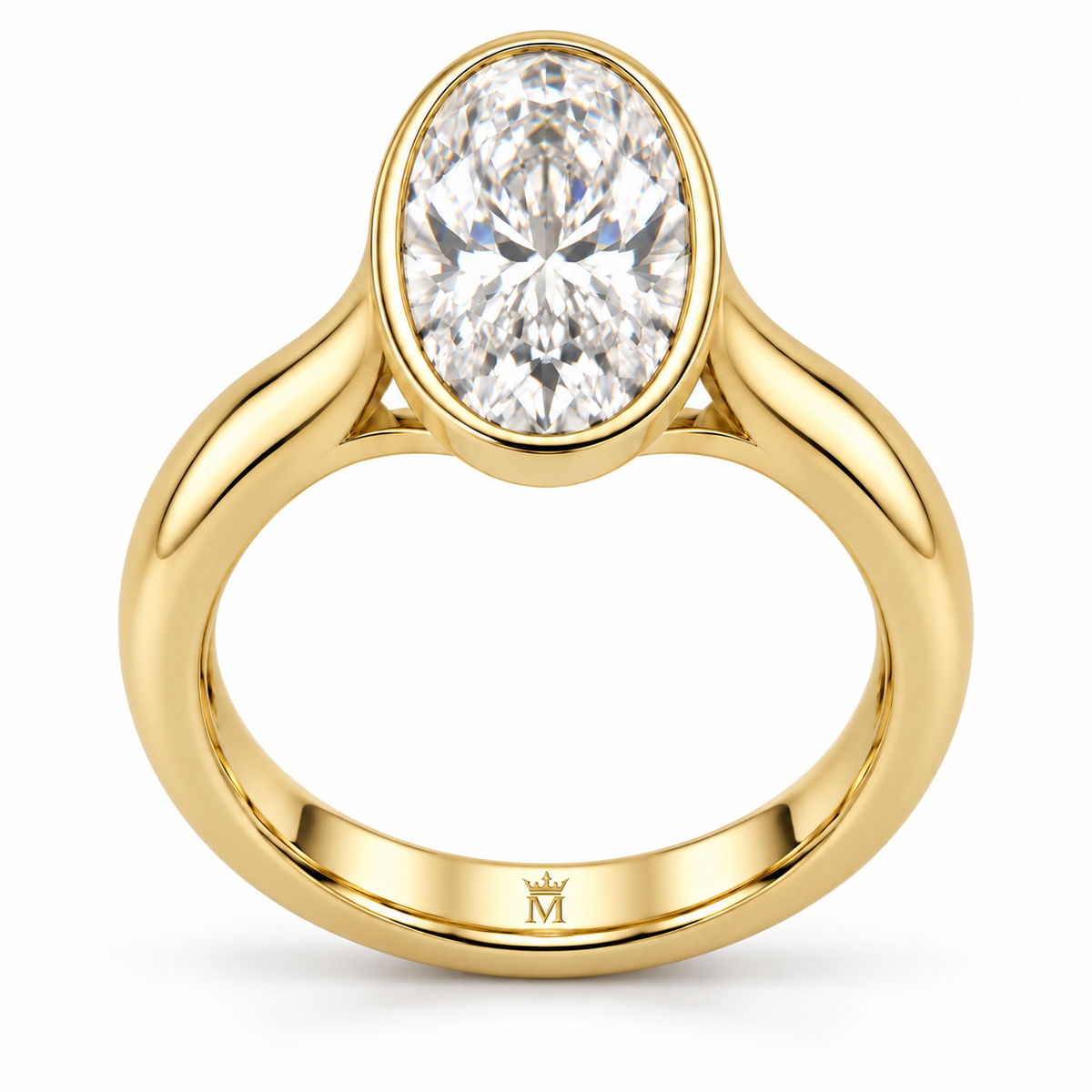 AI-generated design concept of an oval brilliant ring, front. Illustrative geometry and scale; not a manufactured product photograph. Crown-M engraving design is shown inside the lower band; engraving is illustrative.