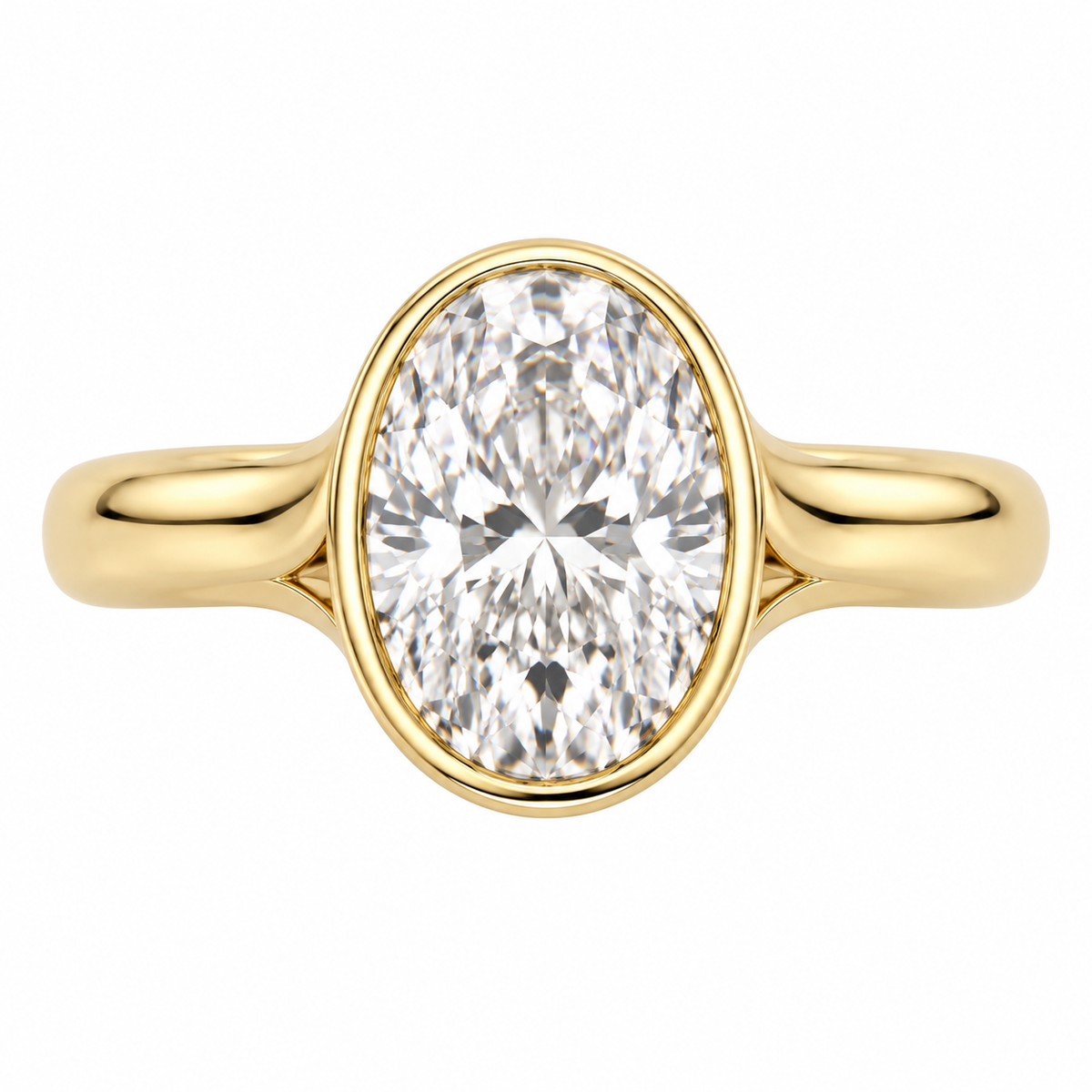 AI-generated design concept of an oval brilliant ring, top. Illustrative geometry and scale; not a manufactured product photograph.