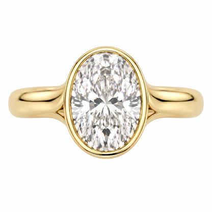 AI-generated design concept of an oval brilliant ring, top. Illustrative geometry and scale; not a manufactured product photograph.