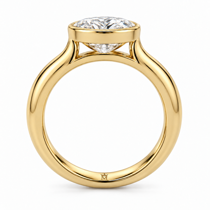 AI-generated design concept of an oval brilliant ring, side. Illustrative geometry and scale; not a manufactured product photograph. Crown-M engraving design is shown inside the lower band; engraving is illustrative.