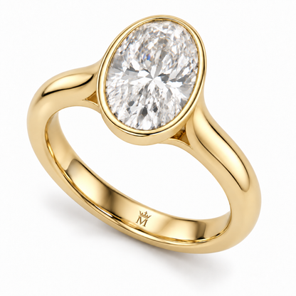 AI-generated design concept of an oval brilliant ring, opposite three quarter. Illustrative geometry and scale; not a manufactured product photograph. Crown-M engraving design is shown inside the lower band; engraving is illustrative.