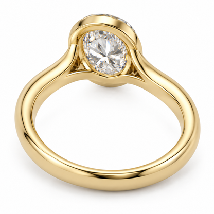 AI-generated design concept of an oval brilliant ring, bottom. Illustrative geometry and scale; not a manufactured product photograph.