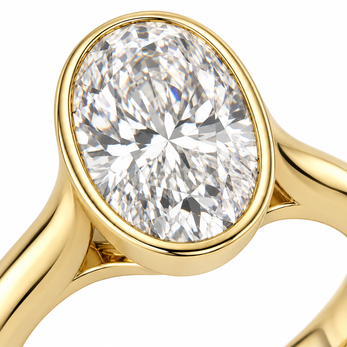 AI-generated design concept of an oval brilliant ring, macro. Illustrative geometry and scale; not a manufactured product photograph.