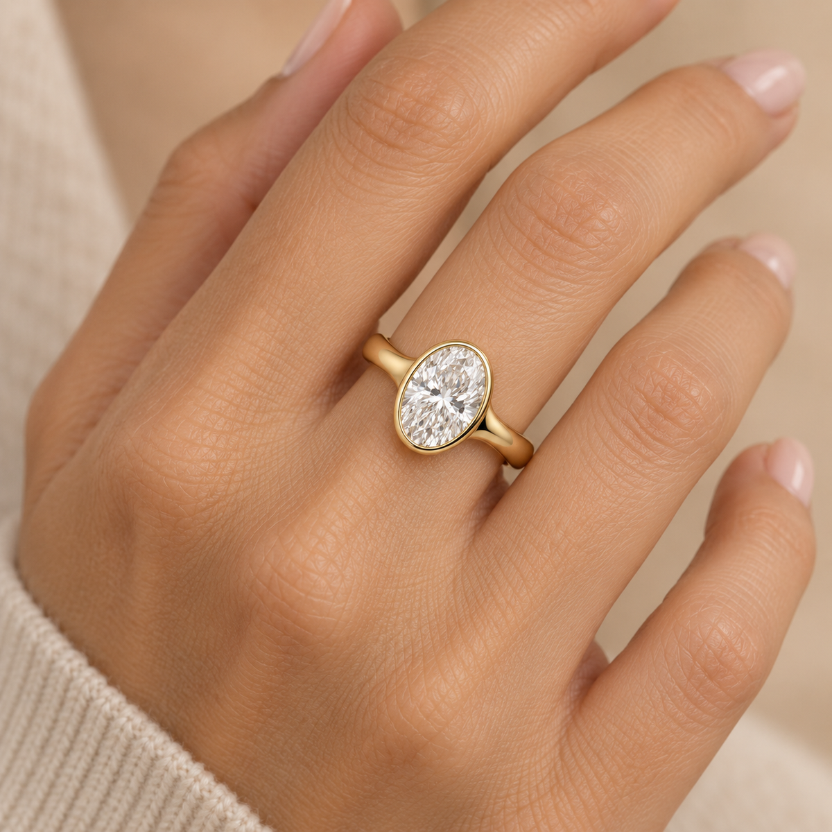 AI-generated design concept of an oval brilliant ring, on hand. Illustrative geometry and scale; not a manufactured product photograph.