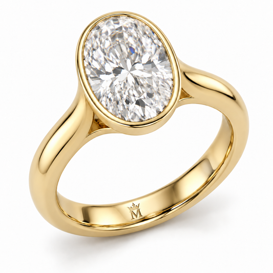 AI-generated design concept: Oval brilliant ring, Full bezel with open gallery, three-quarter view. Metal appearance is illustrative. Crown-M engraving design is shown inside the lower band; engraving is illustrative.