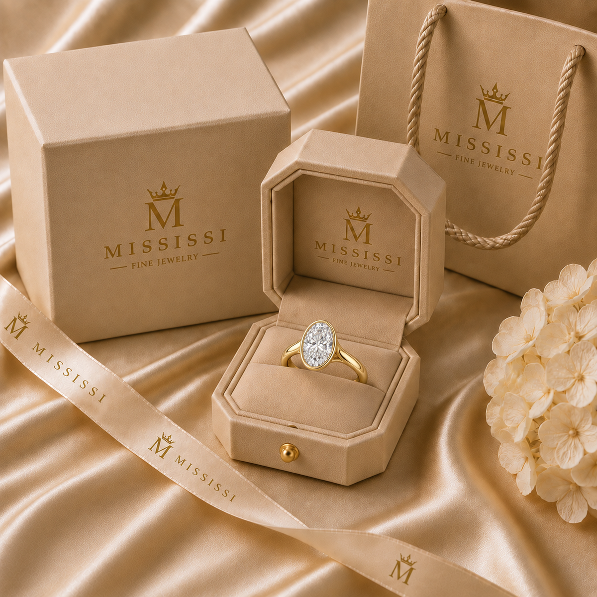 AI-generated packaging illustration of an oval brilliant full bezel with open gallery ring in a champagne MISSISSI ring box with gift box and shopping bag.