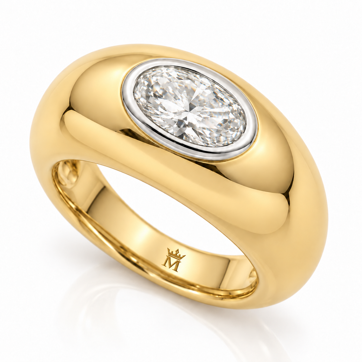 MISSISSI duet sculptural ring angled view. AI-edited crown-M engraving concept inside the lower band; engraving and scale are illustrative.