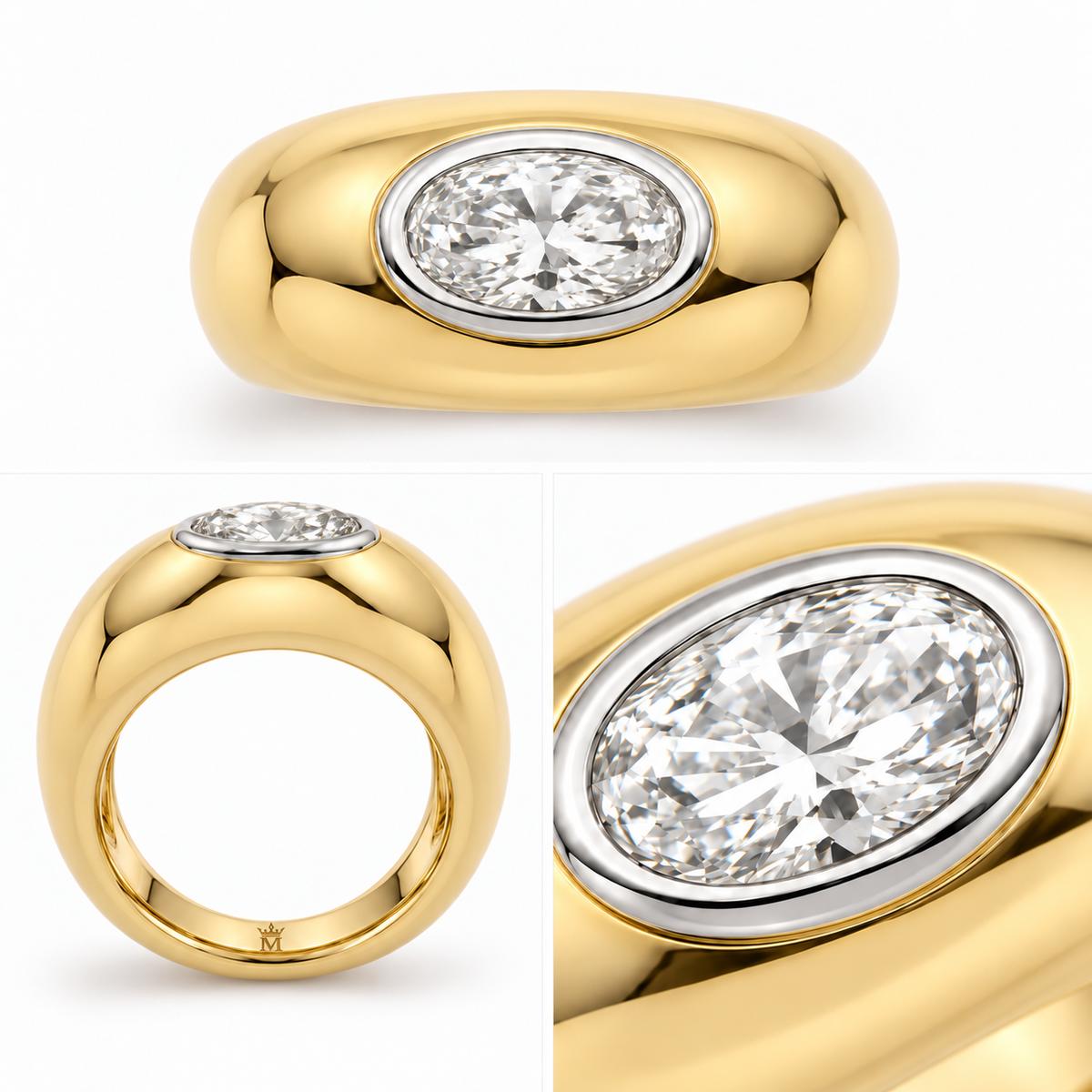 Three view detail sheet of Duet jewelry showing front, side and close detail. AI-edited crown-M engraving concept inside the lower band in the lower-left profile panel; engraving is illustrative.