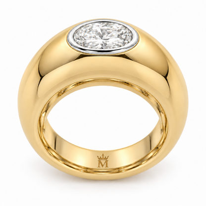 MISSISSI duet sculptural ring back view. AI-edited crown-M engraving concept inside the lower band; engraving and scale are illustrative.