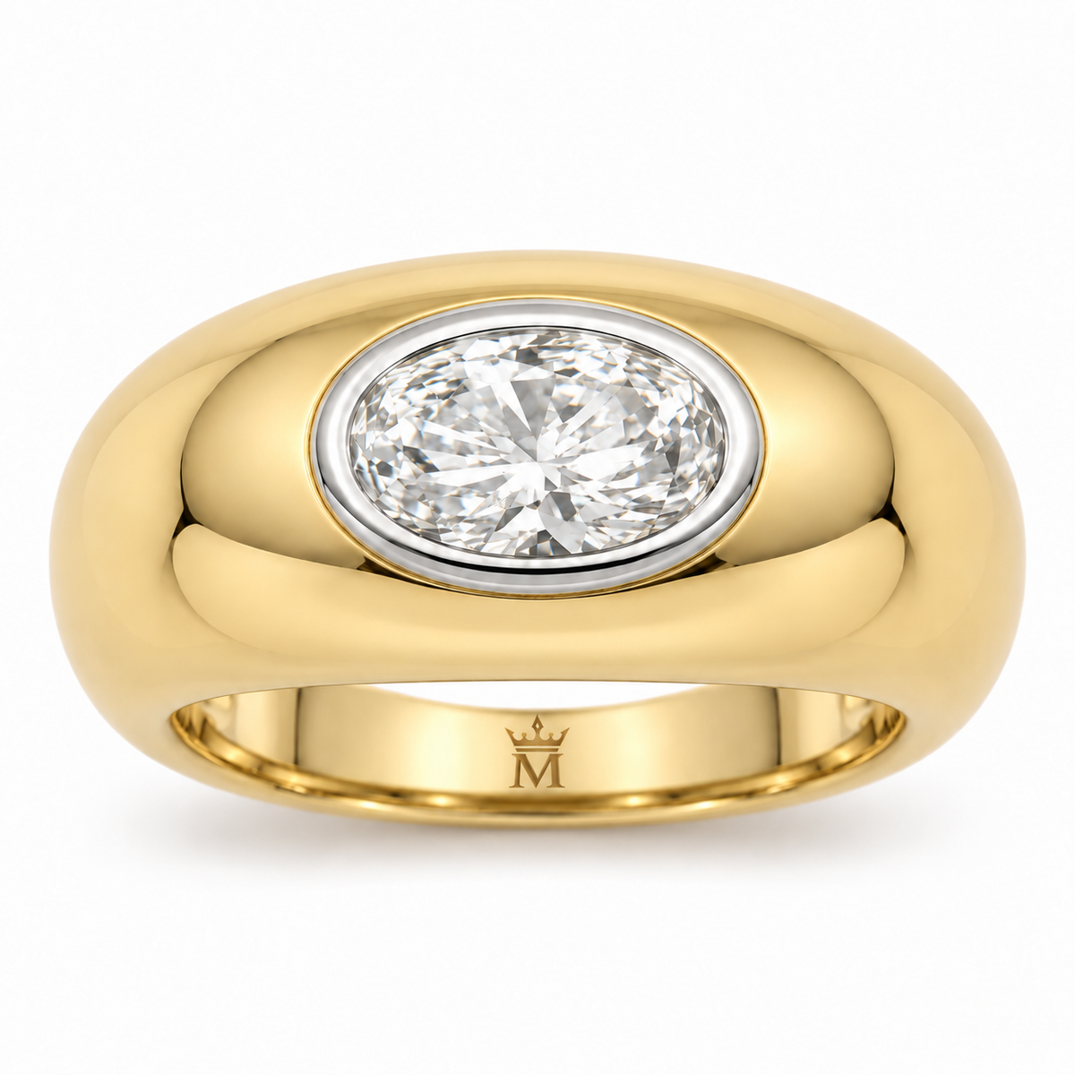 MISSISSI duet sculptural ring front view. AI-edited crown-M engraving concept inside the lower band; engraving and scale are illustrative.