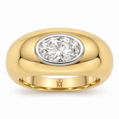 MISSISSI duet sculptural ring front view. AI-edited crown-M engraving concept inside the lower band; engraving and scale are illustrative.